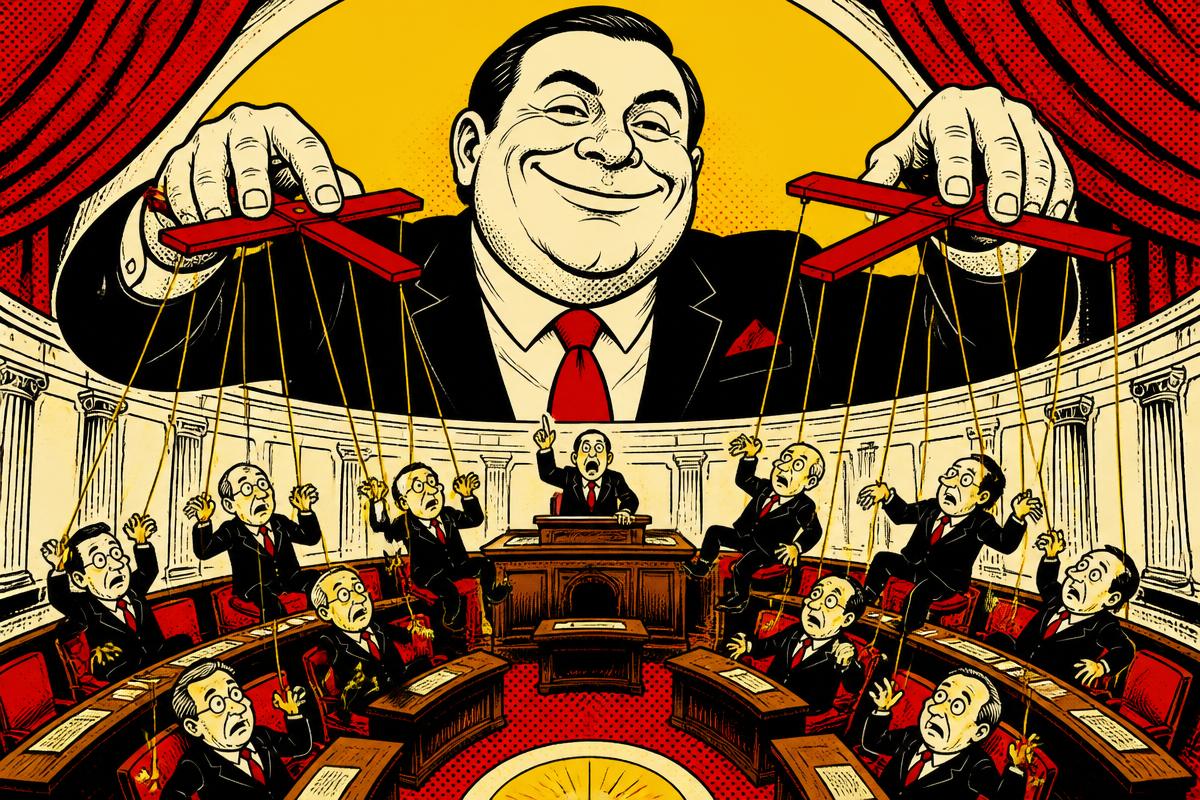 Ilustración satírica de un político moviendo como marionetas a los legisladores en el pleno